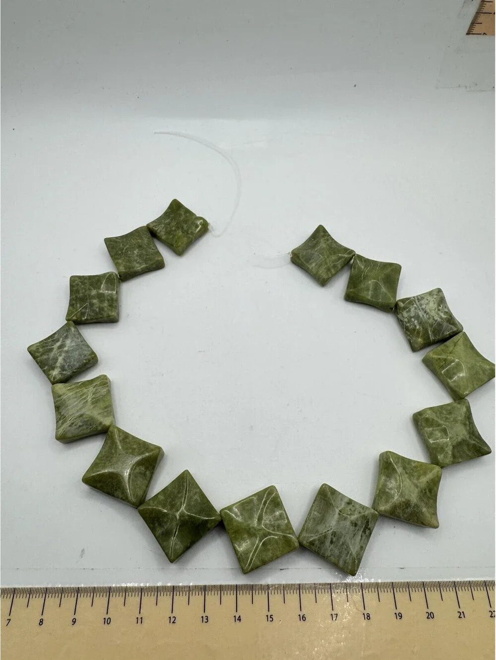 String Of 15 Polished Green Serpentine Beads - NOS